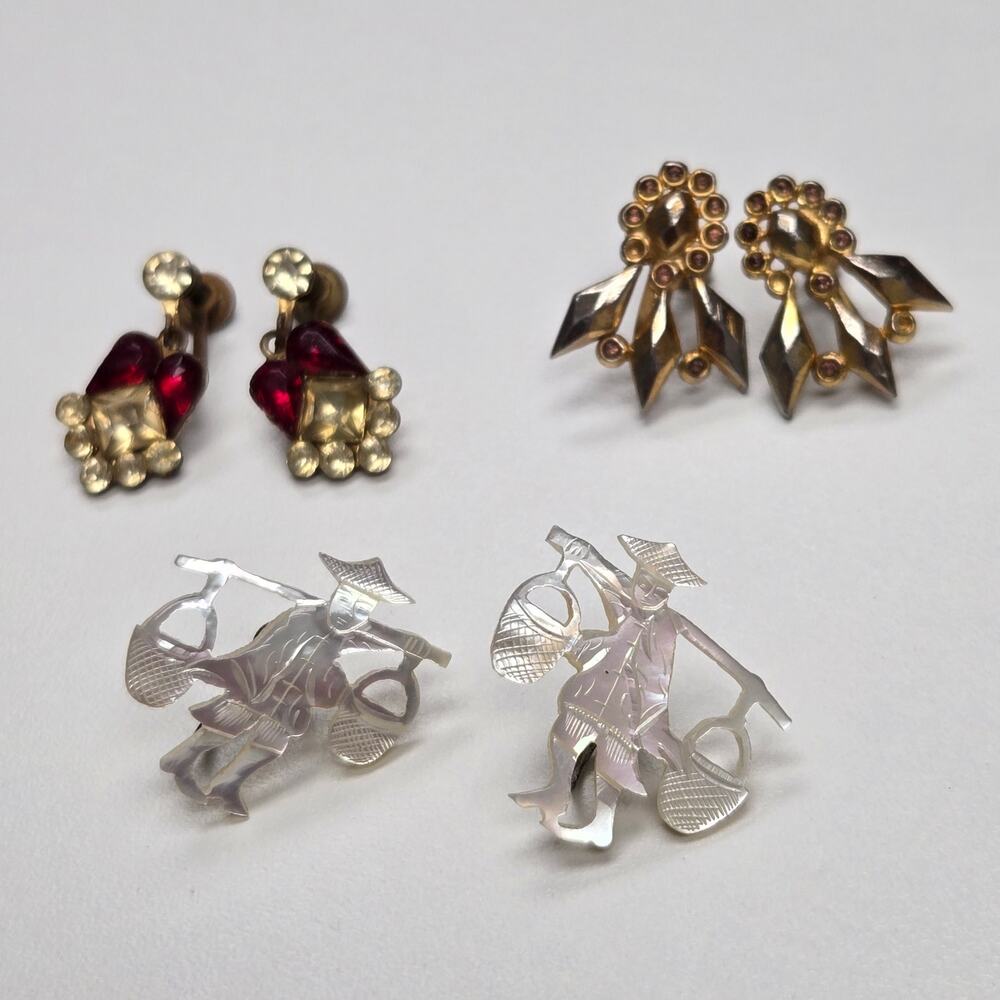 Vintage Antique Earring Lot 3 Pairs Screwback Rhinestone & Mother of Pearl